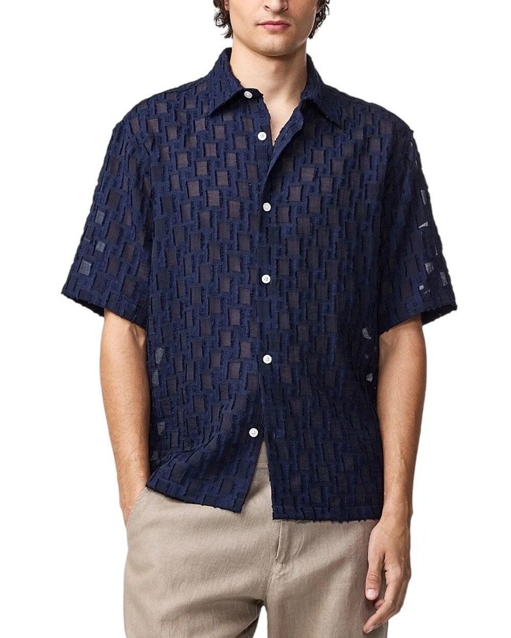 NN07 Freddy Shirt Mens S Navy Blue Fil-Coupe Jacquard Short Sleeve Relaxed Fit